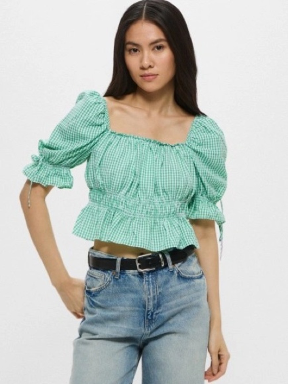 H&M Mint Gingham Square-Neck Peplum Crop Top